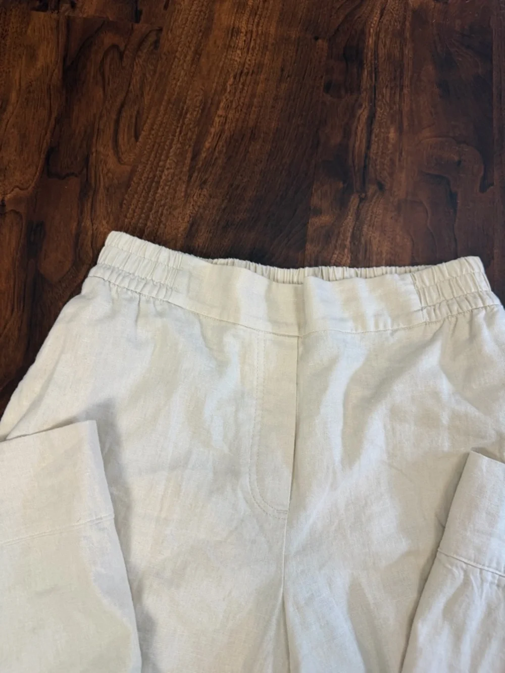 Zara Beige Linen Blend Elastic Waist Straight Leg Pleated Pants